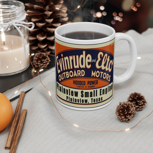 Plainview Small Engine Evinrude and Elto Outboard Motors White Ceramic Mug by Retro Boater